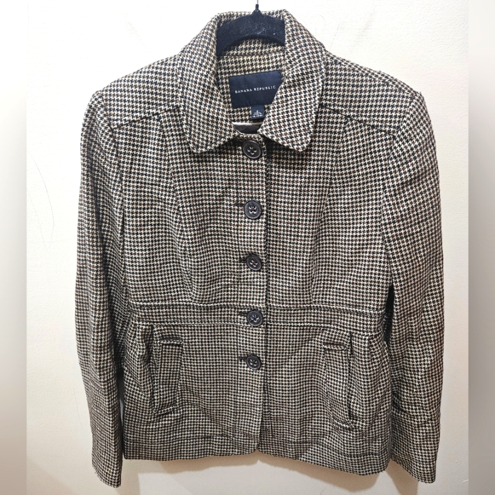 Banana Republic Brown Houndstooth Peplum Y2K Vintage Linen Wool Peacoat 6 Small